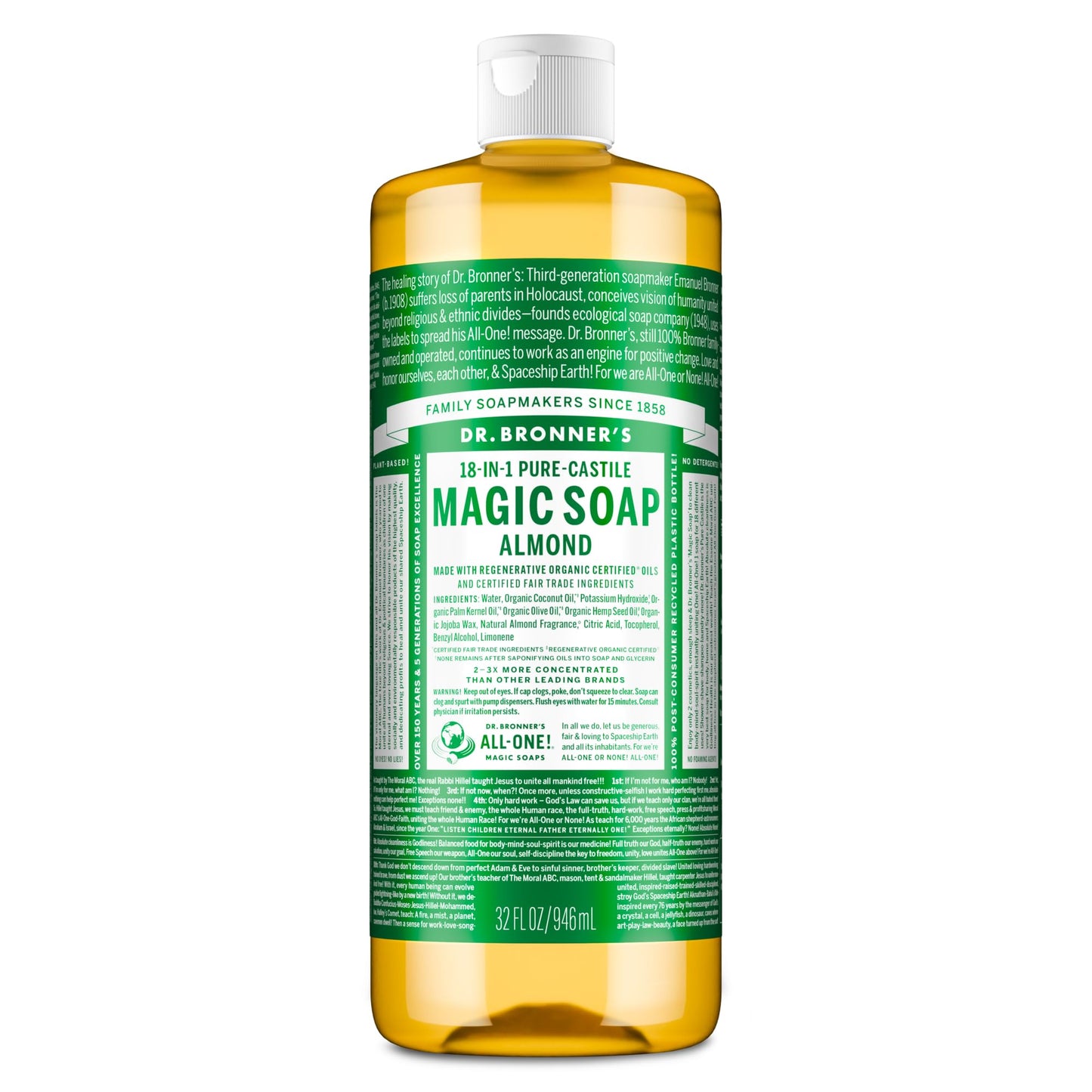 Dr. Bronner's Pure-Castile Magic Soap Liquid (Almond, 32 Ounce) - Made with Regenerative Organic Certified Oils, 18-in-1 Uses: Face, Body, Hair