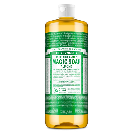 Dr. Bronner's Pure-Castile Magic Soap Liquid (Almond, 32 Ounce) - Made with Regenerative Organic Certified Oils, 18-in-1 Uses: Face, Body, Hair