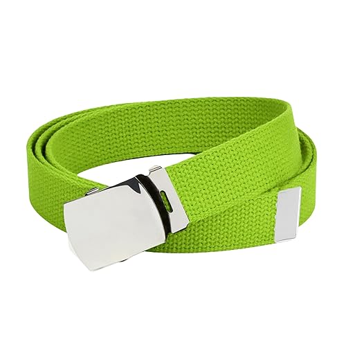 Hold’Em Military Canvas Webbing Belts for MEN’S-Polished Silver Slider Buckle Heavy Duty Adjustable -Lime Green