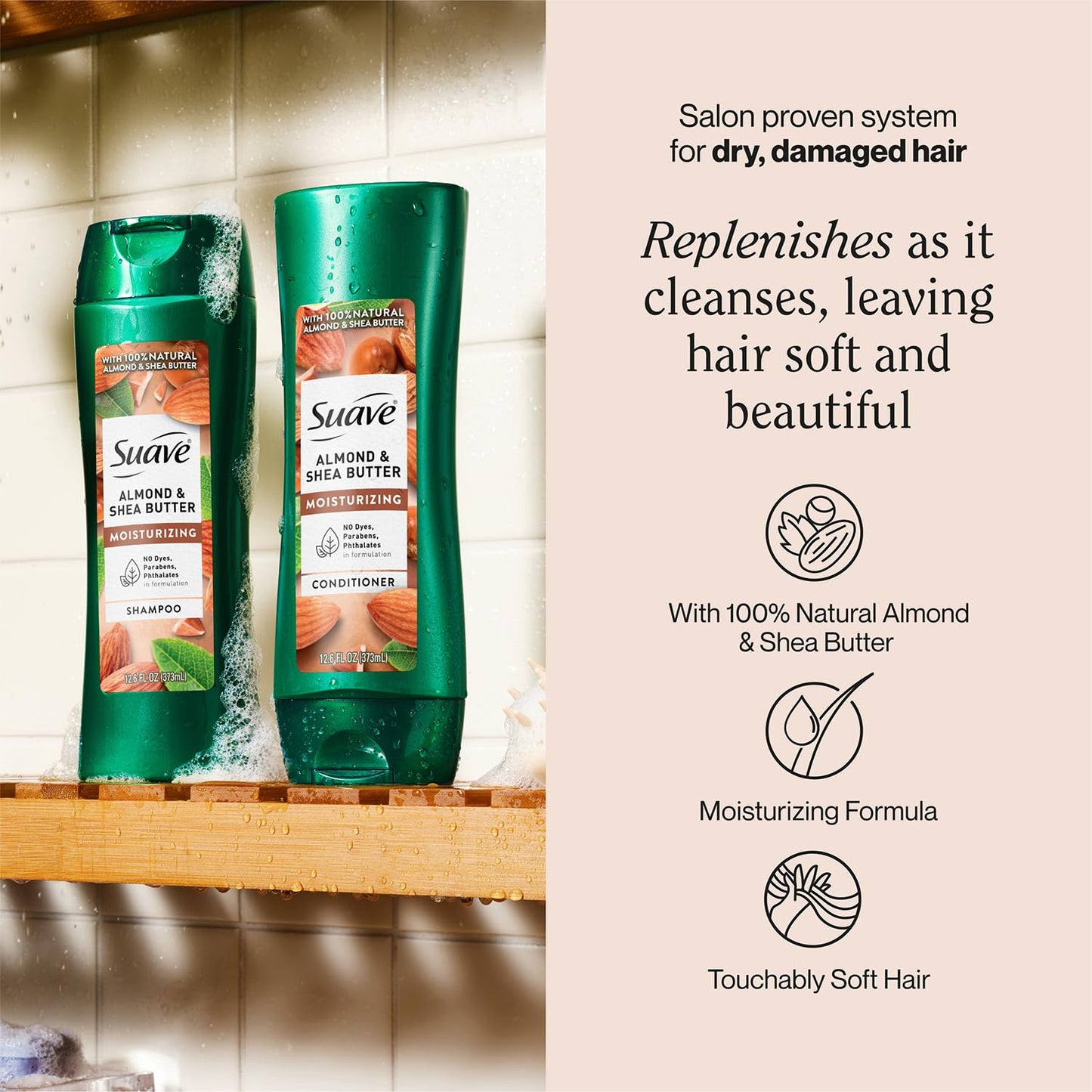 Suave Shampoo and Conditioner Set, Almond & Shea Butter - Moisturizing Shampoo & Conditioner, Dry Hair Treatment, Scented, 12.6 Oz Ea (2 Piece Set)