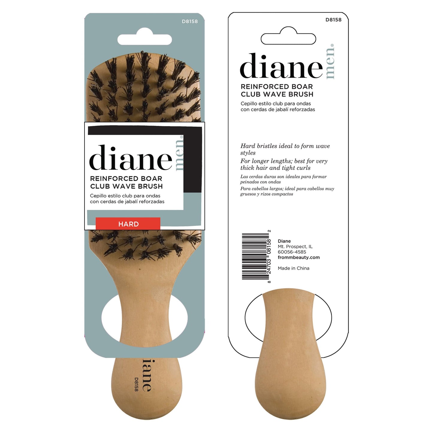 Diane Reinforced Boar Bristle Club Wave Brush for Men and Barbers - Hard Bristles for Thick to Coarse Hair - Use for Detangling, Smoothing, Wave