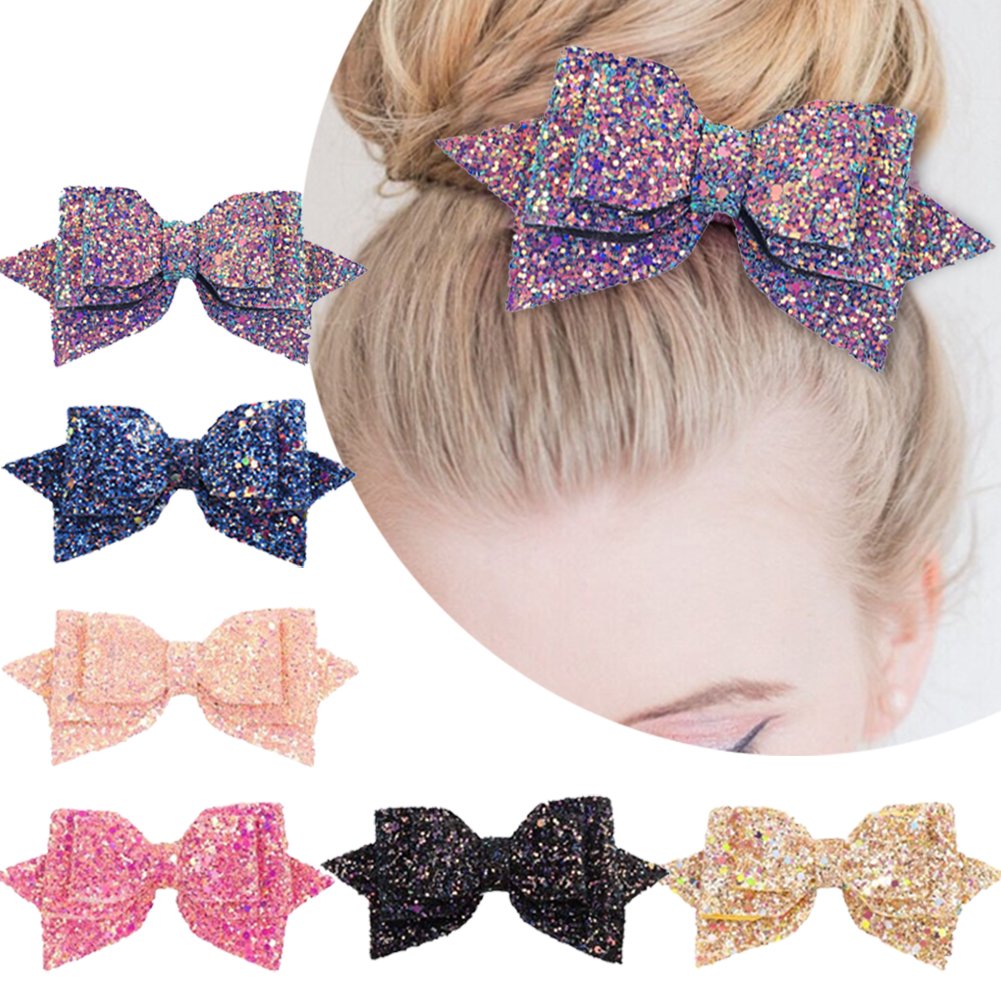 5 Inch Glitter Hair Bows Boutique Hair Clips 6 Pcs Multi Color Glitter Sequins Big Hair Bows for Baby Girls Teens Toddlers