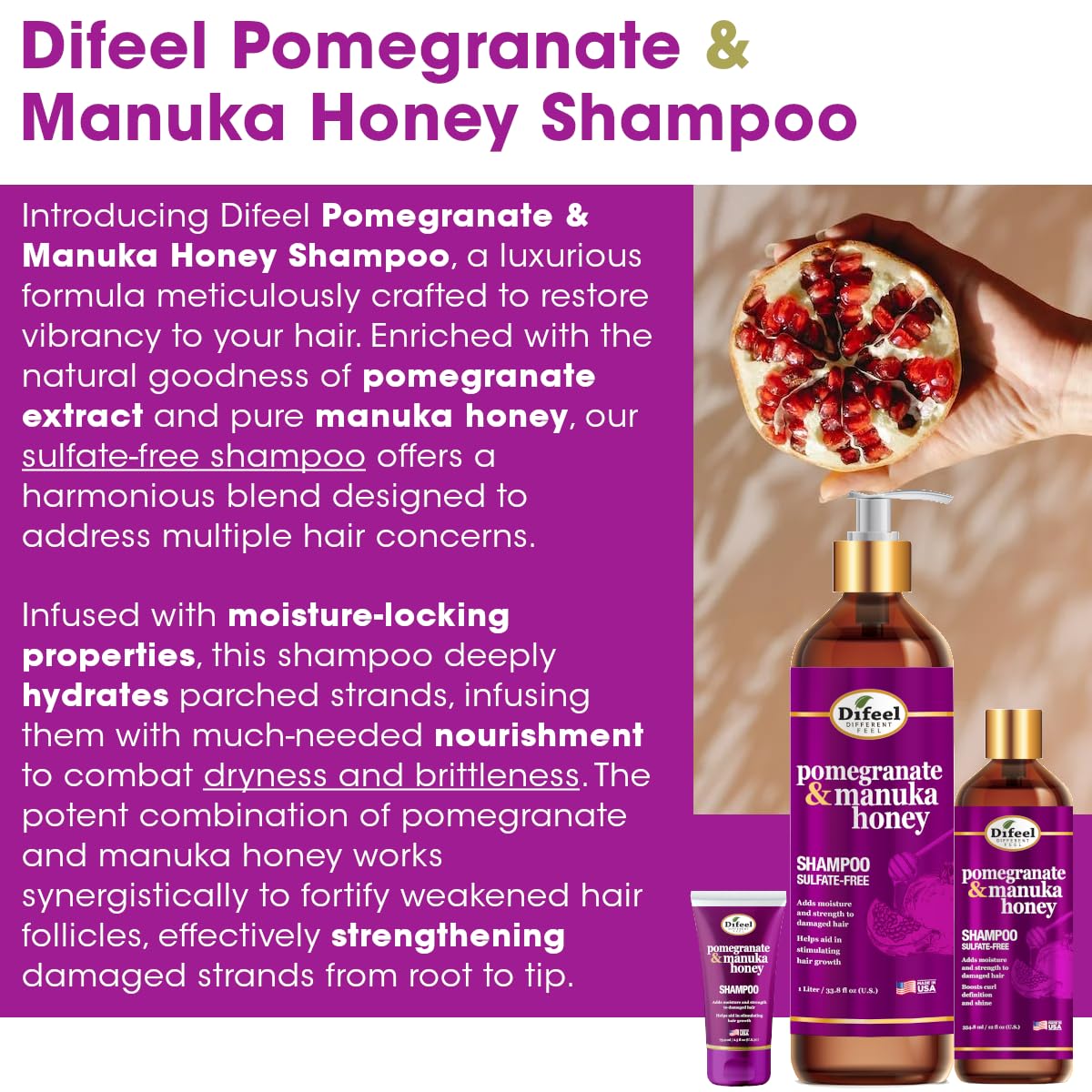 Difeel Pomegranate & Manuka Honey Shampoo & Conditioner 5-PC Set - Includes 33.8oz Shampoo, 33.8oz Conditioner, 8oz Leave in Spray, 8oz Hair Oil