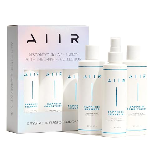 AIIR Sapphire Bundle - Sapphire Infused Shampoo, Conditioner & Leave-In Conditioner Set - Strengthen Damaged Hair, Frizz Control, Heat Protectant