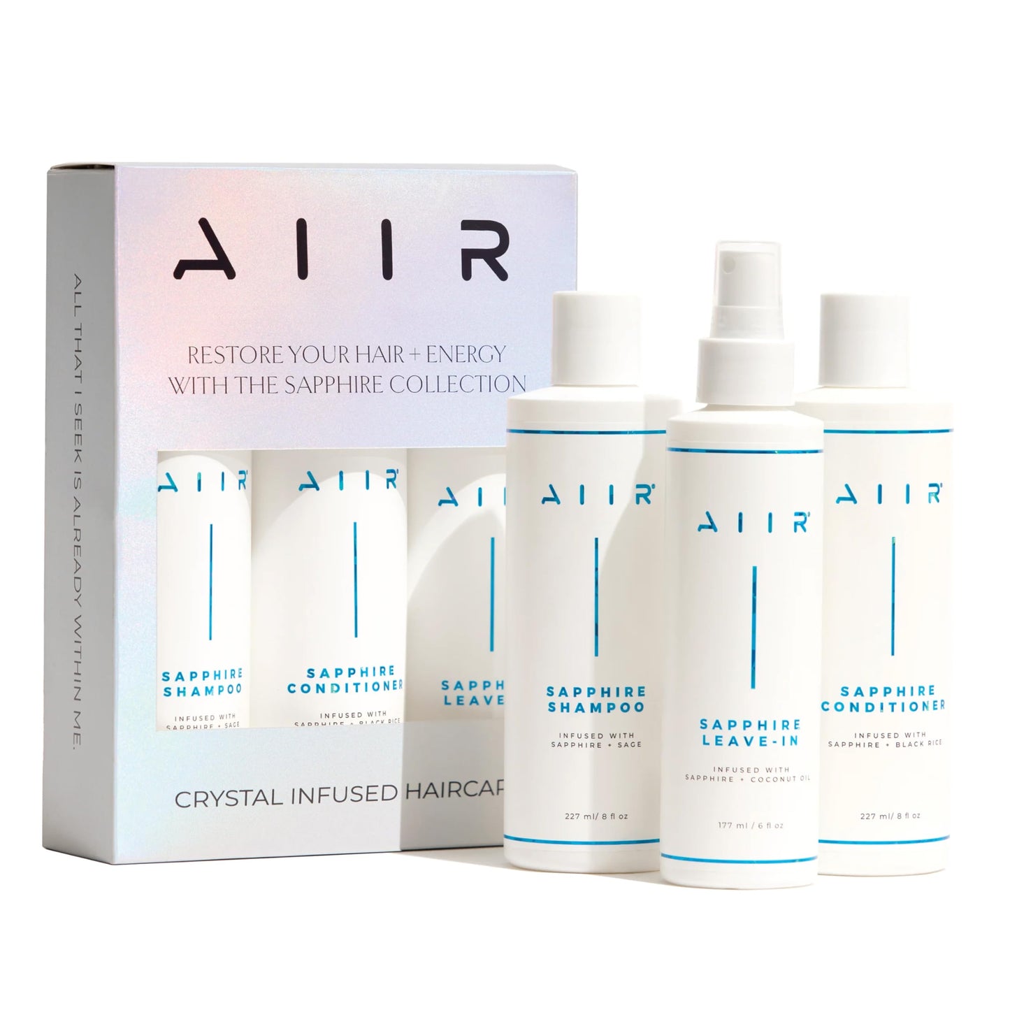 AIIR Sapphire Bundle - Sapphire Infused Shampoo, Conditioner & Leave-In Conditioner Set - Strengthen Damaged Hair, Frizz Control, Heat Protectant