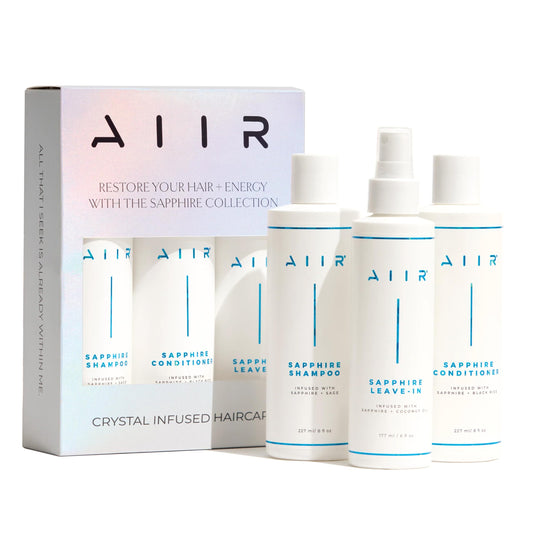 AIIR Sapphire Bundle - Sapphire Infused Shampoo, Conditioner & Leave-In Conditioner Set - Strengthen Damaged Hair, Frizz Control, Heat Protectant