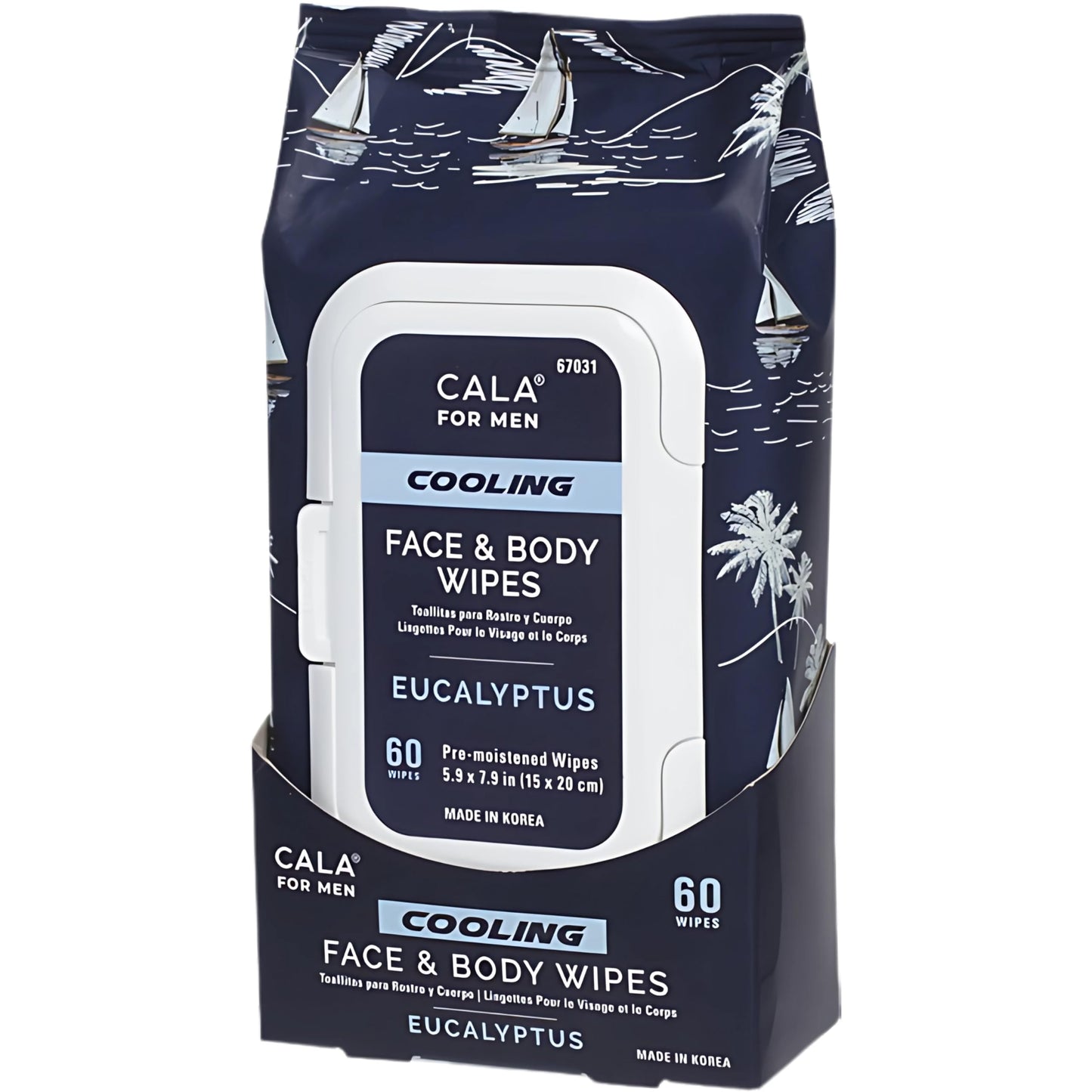 CALA for Men Cooling Face & Body Wipes, Eucalyptus Leaf Oil + Witch Hazel, Unscented Pre-Moistened Cleansing Tissues for Sweat & Grime, Soft Woven