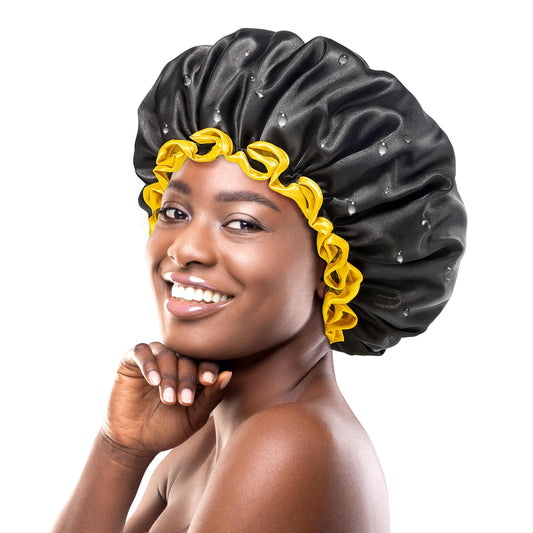 mikimini Extra Large Black Shower Caps Pack of 2 for Women and Men Thick Long Hair Braids, Reusable Waterproof Double Layers XL Bathing Hair Cap