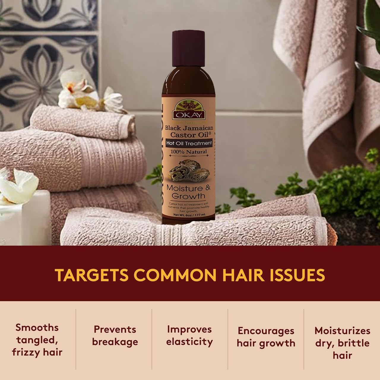 OKAY 100% Natural Black Jamaican Castor Hot Oil Hair Treatment - Castor Oil for Dry Damaged Frizzy Hair, Pure Therapy Blend with Jojoba for Men