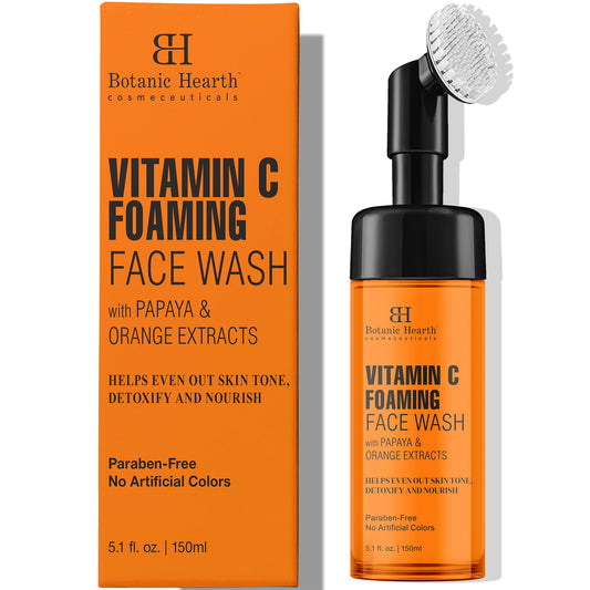 Botanic Hearth Vitamin C Foaming Face Wash With Papaya & Orange | Extracts Built|In Silicone Brush | For Cleansing & Glowing Skin | Paraben & Sulphate