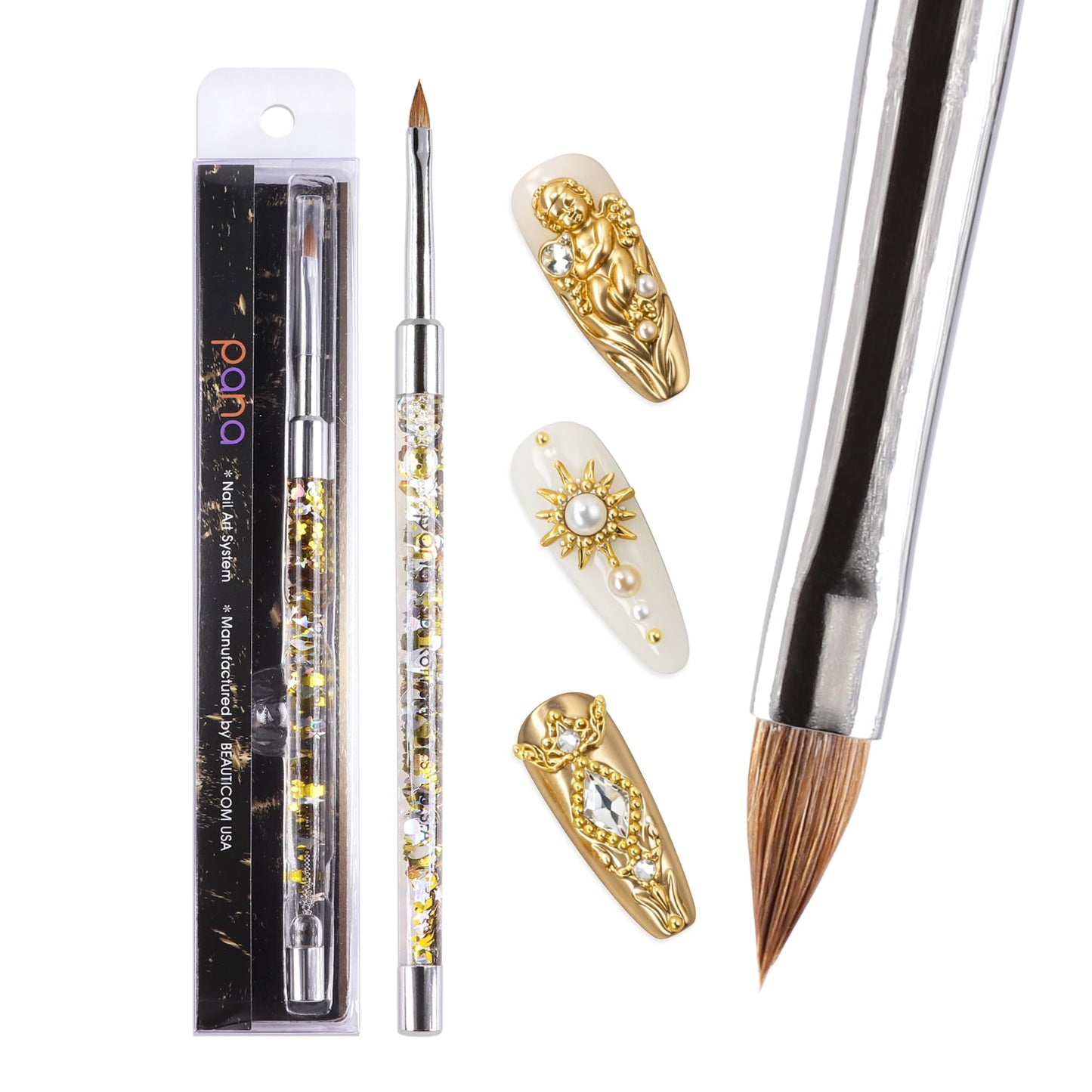PANA 3D Kolinsky Nail Art Brush - Gold Glitter Handle, Size 4 - Acrylic Nail Art Sculpture Brush for Manicures Pedicure Salon Professional or Beginner Beauty & Personal Care PANA