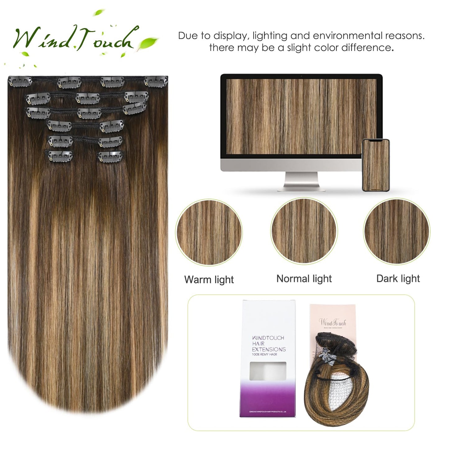 WindTouch Clip in Hair Extensions Real Human Hair Balayage Chocolate Brown To Dark Blonde Ombre Highlights for Brown 75g 22Inch 7PCS #4T27P4