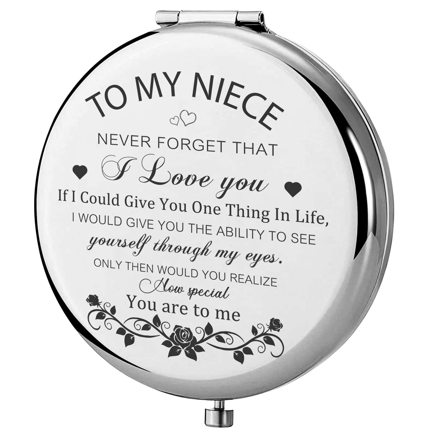 GAOLZIUY Niece Gifts Compact Mirror for Niece from Aunt, Silver Niece Compact Mirror, Birthday Gifts for Niece from Aunt Uncle for Niece’s Birthday