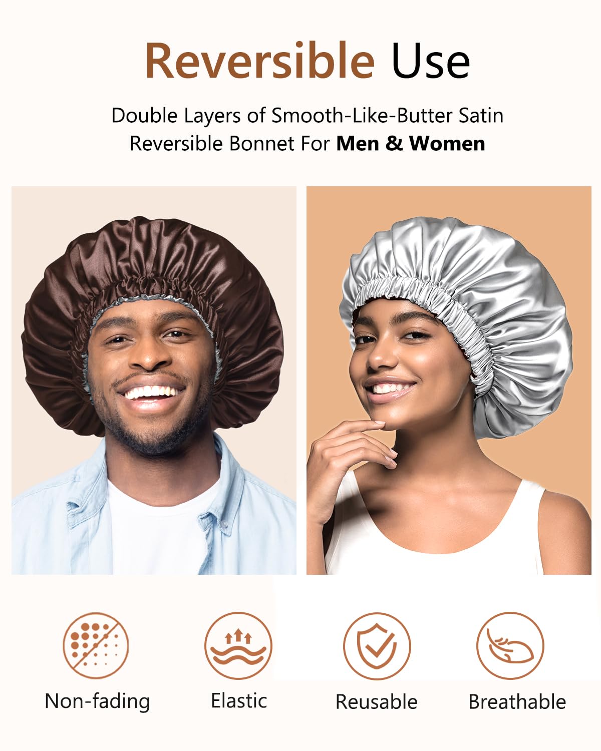 mikimini Satin Bonnet Pack of 2 for Men and Women, Reversible Double Layer Sleeping Silk Bonnet for Curly Hair Braids with Adjustable Widened Elastic