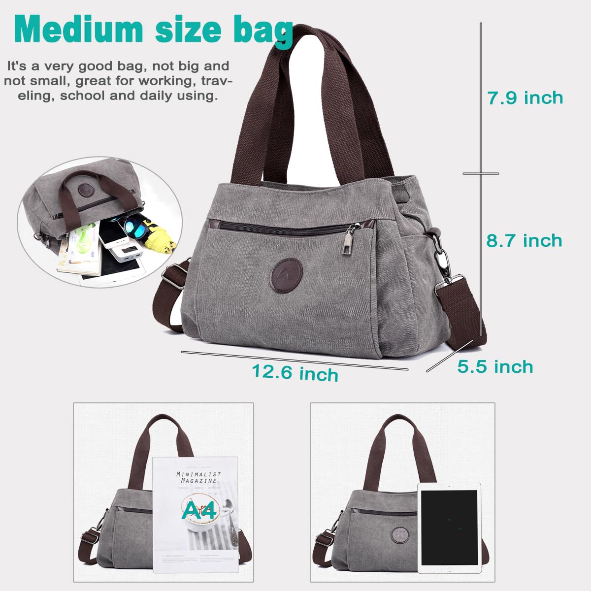 DOURR Hobo Handbags Canvas Crossbody Bags for Women, Multi Compartment Tote Purse Medium Satchel (Gray)