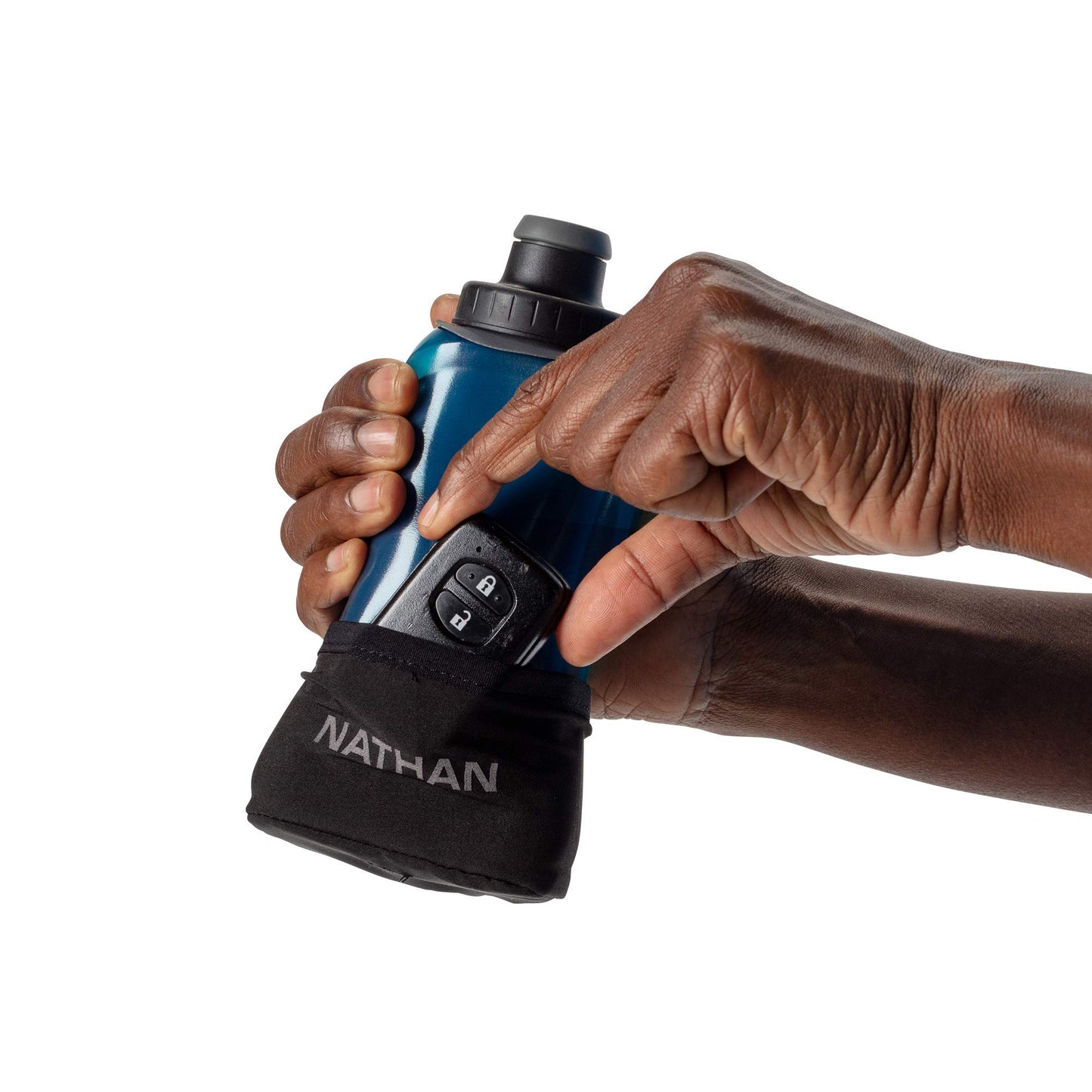 Nathan Running Handheld Water Bottle Adjustable No-Grip Quick Squeeze Lite Hand Strap. 12 oz Insulated Water Bottle. Reflective Hydration