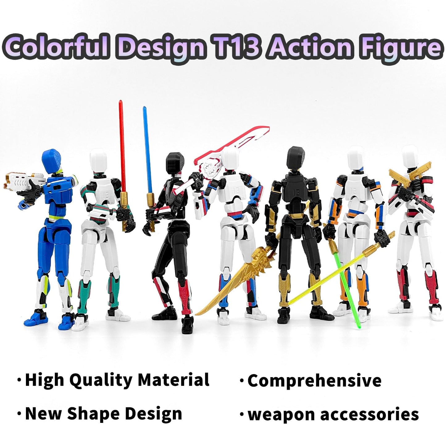 Falandi 5-Pack T13 Action Figures – Pre-Assembled Multi-Colored Titan 13 Set with Laser Sabers, 3D Printed Lucky Robo Dummy & Nova Figures