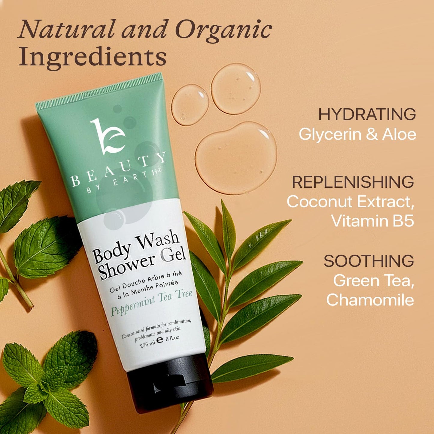 Beauty by Earth Peppermint Tea Tree Oil Shower Gel Body Wash - Made in USA with Organic & Natural Ingredients, Mens Body Soap Liquid, Moisturizing