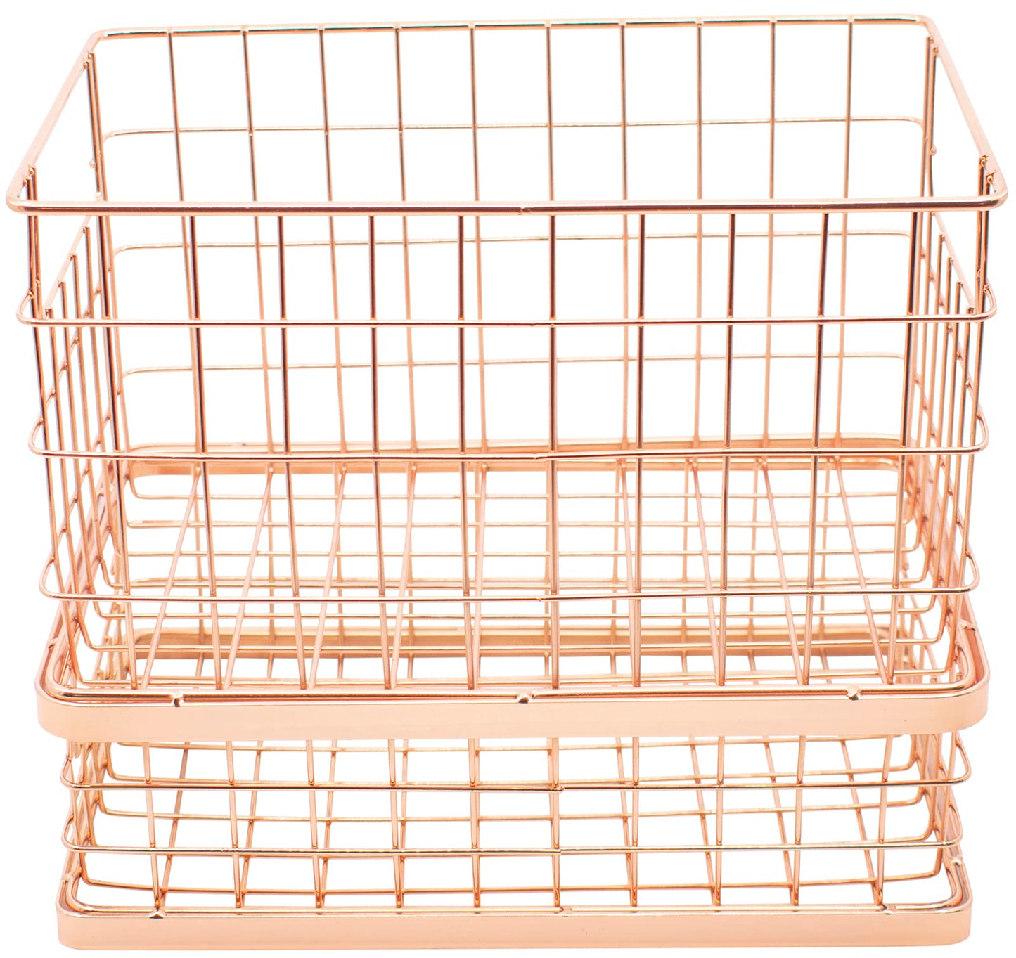 Set of 2 Stackable 10" Metal Wire Storage Basket Bins With Handles (Rose Gold Wide Mesh Base)