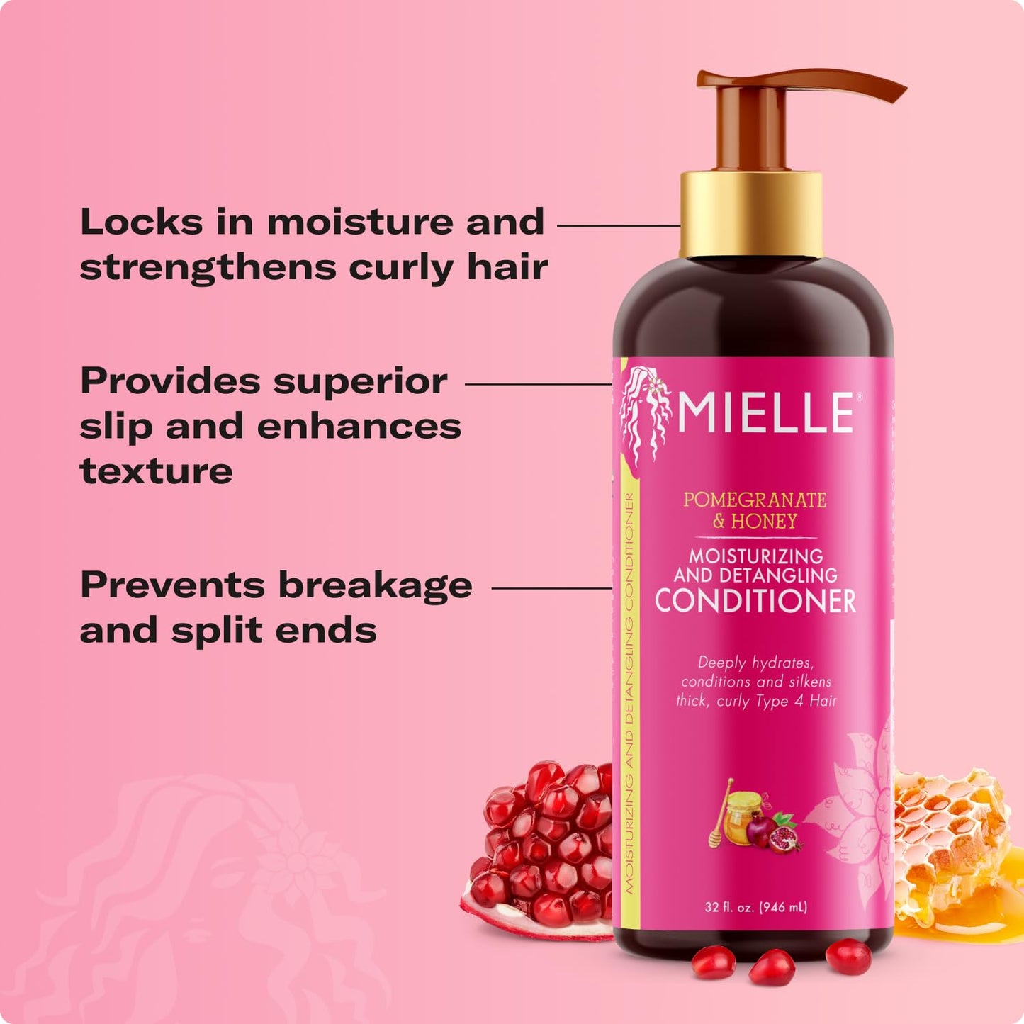 Mielle Organics Pomegranate & Honey Detangling Conditioner for Curly Hair - Deep Moisturizing Conditioner to Help Strengthen Strands, Prevents