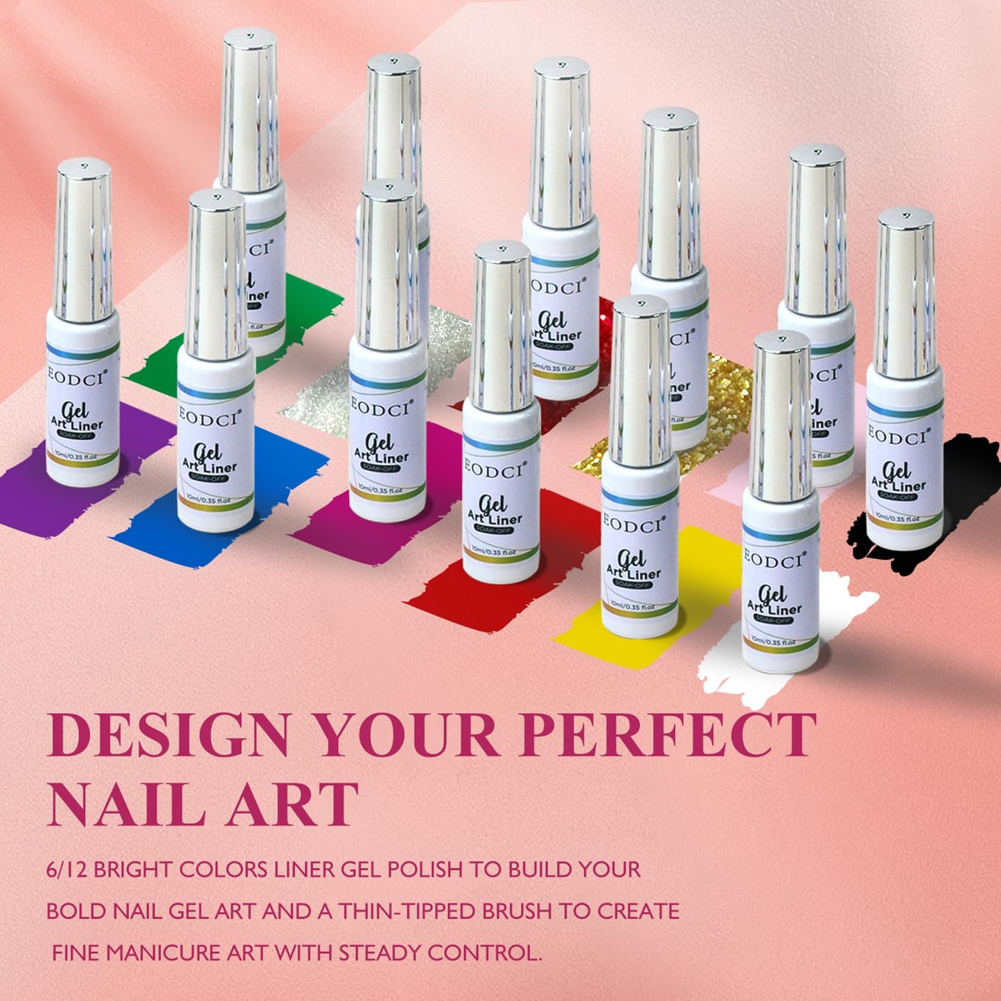 eodci Nail Art Gel Liner Set, 12 Colors Black Red Pink Yellow Green Glitter Fall Winter Gel Polish for Swirl French Tip Painting Designs Soak Off