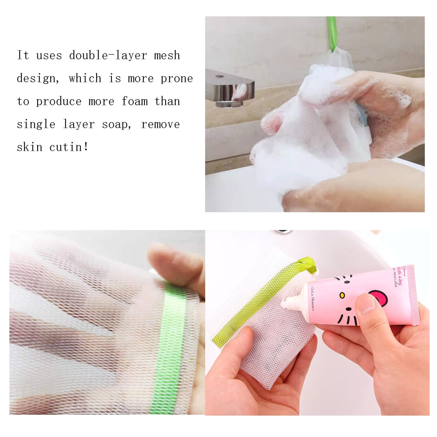 40PCS Exfoliating Soap Mesh Saver Pouch Bag and 3 PCS Transparent Hook and 5 PCS Transparent Spring Cord Plastic Lock for Shower Face Washing,Easy