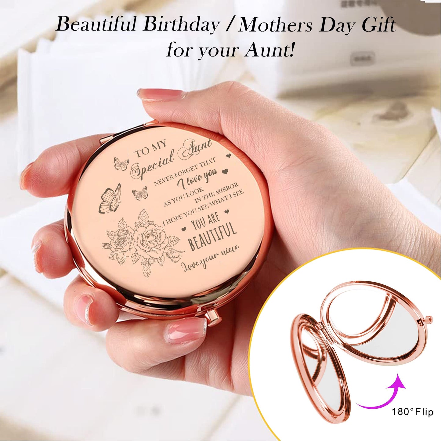 GAOLZIUY Compact Mirror, Rose Gold, 2.5 Inch Diameter, 7 cm L x 6.5 cm W, Luxury Gift for Aunt, Mother, Wedding, Christmas