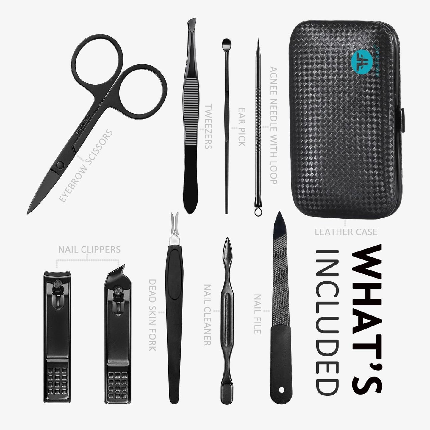 HANTEKAS Manicure Set 9 in 1 Stainless Steel, Nail Clippers Scissors Pedicure Tools Kit - Portable Travel Grooming Kit for Men and Women