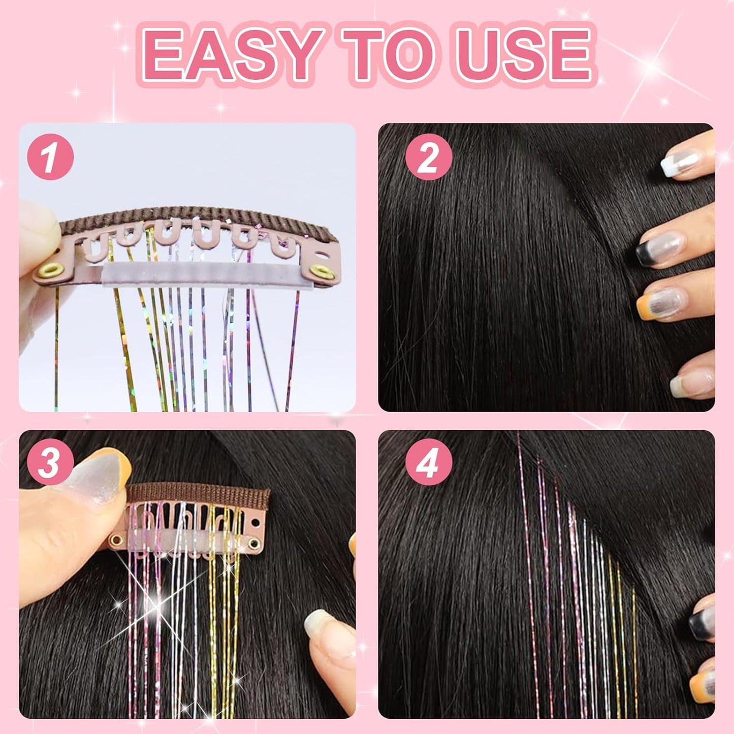 ZYXQZYX 19.6Inch Clip in Sparkle Fairy Hair Extensions Kit for Kids, Girls, Women - 18 Pcs Heat Resistant Hair Tinsel Clips (Silver) Beauty and Personal Care ZYXQZYX