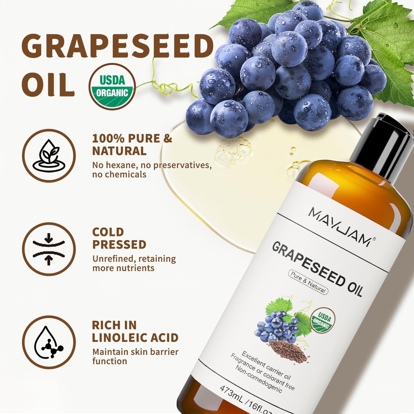 MAYJAM Organic Grapeseed Oil for Skin & Hair Care, USDA Certified, 16 Fl oz Beauty and Personal Care MAYJAM