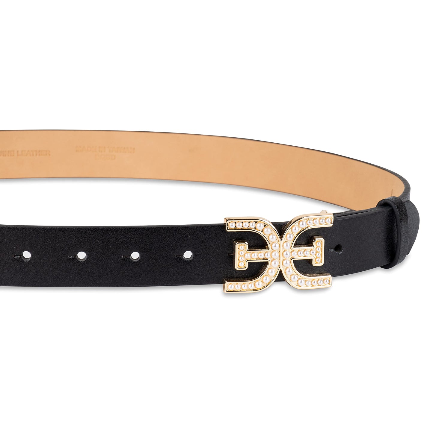 Sam Edelman Women's Pearl Embellished Double-E Logo Plaque Buckle Belt, Black, Small