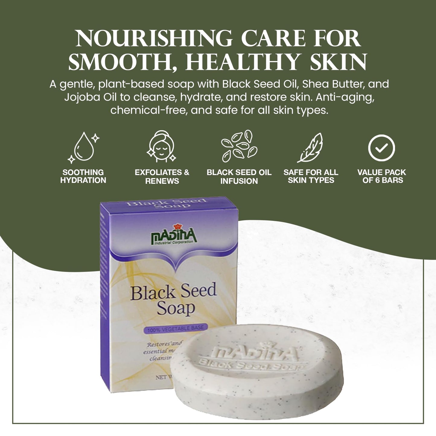Madina Black Seed Soap Bar - Moisturizing, Anti-Aging, Deep Cleansing, Black Seed Oil, Shea Butter, Jojoba Oil, Plant-Based, Gentle Face & Body