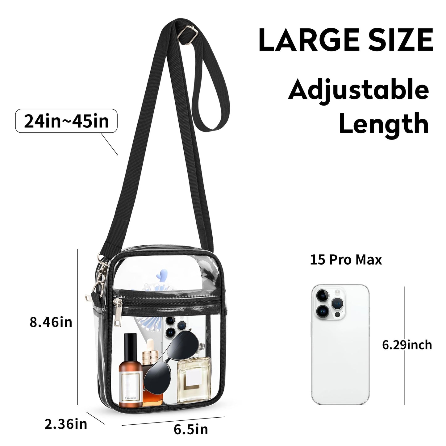 VOROLO Clear Crossbody Bag Stadium Approved See Through Purse Handbag,Small See Through Purse Handbag with Adjustable Shoulder Strap for Sports Black