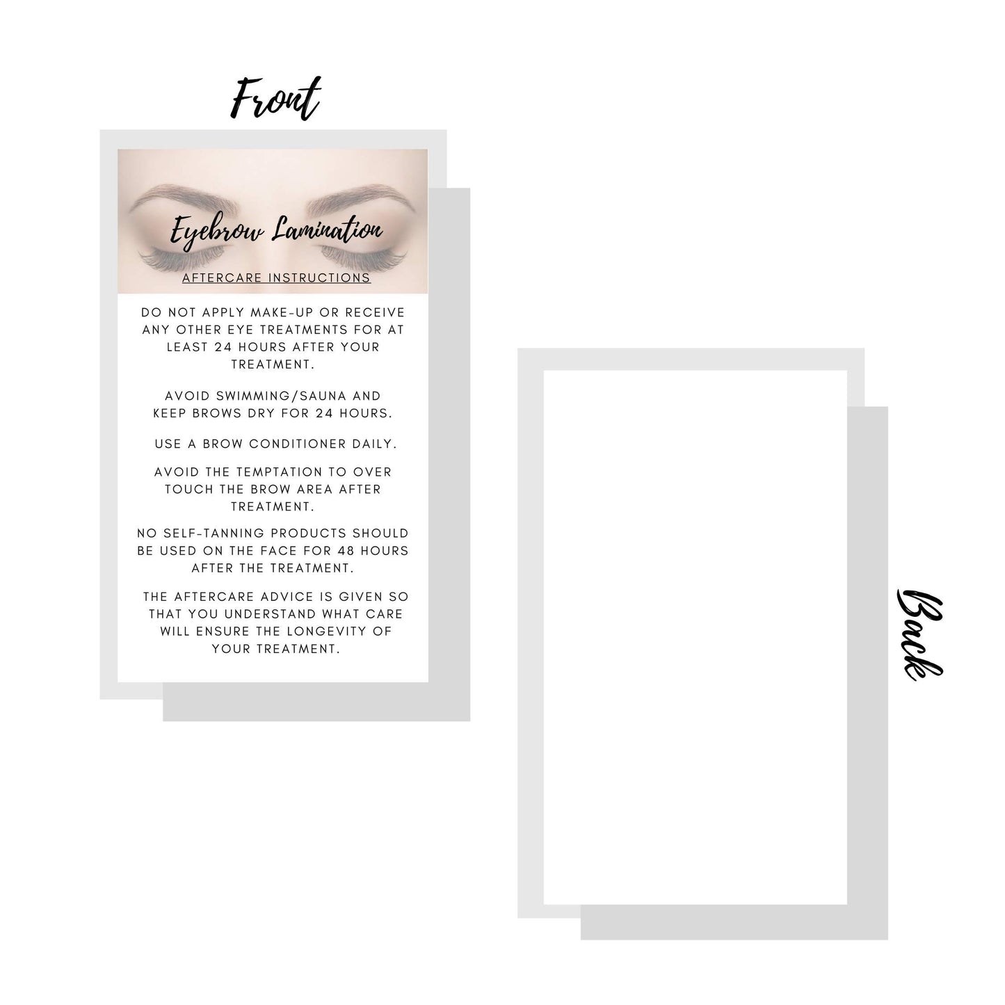 Eyebrow Lamination Aftercare Instruction Cards | Physical Printed 2 x 3.5” inches Business Card Size | White with Brow Photo Design | Starter Lift Kit