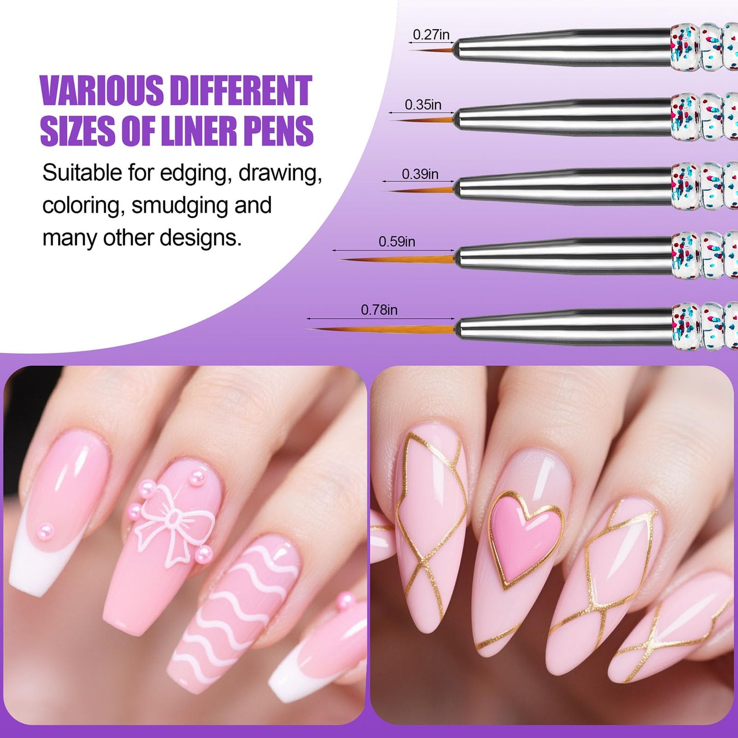 Artdone 15pcs Pink Nail Art Brushes, Nail Art Tool Set, Dotting Tools, Dust Brush,Striping Brushes for Long Lines, Drawing Pen For Gel Polish Design Beauty and Personal Care Artdone
