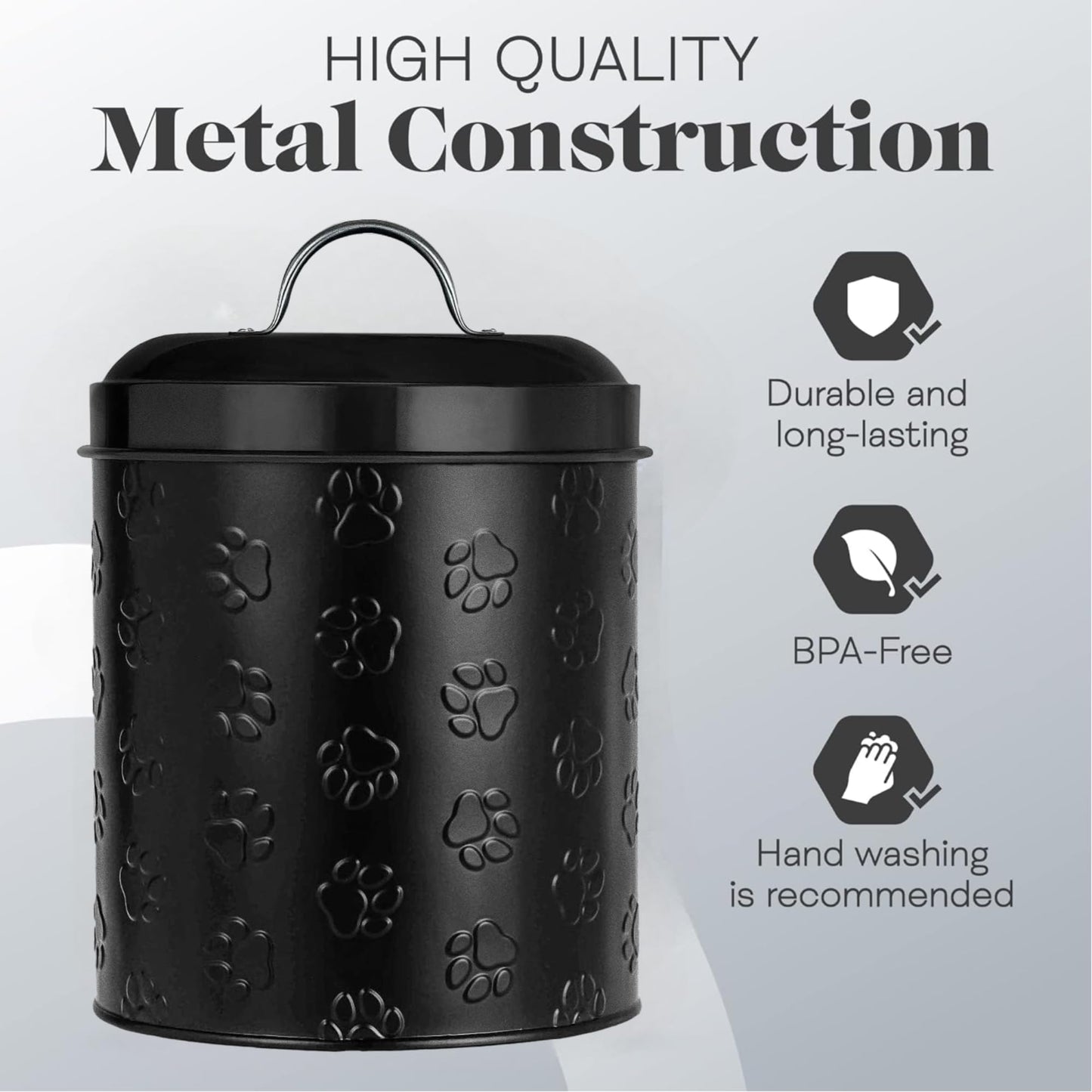 Amici Pet Puppy Paws Black Metal Canister with Embossed Paw Design - Large 140 oz Airtight Food Storage Jar for Wet or Dry Pet Foods - (8" H x 6" W)…