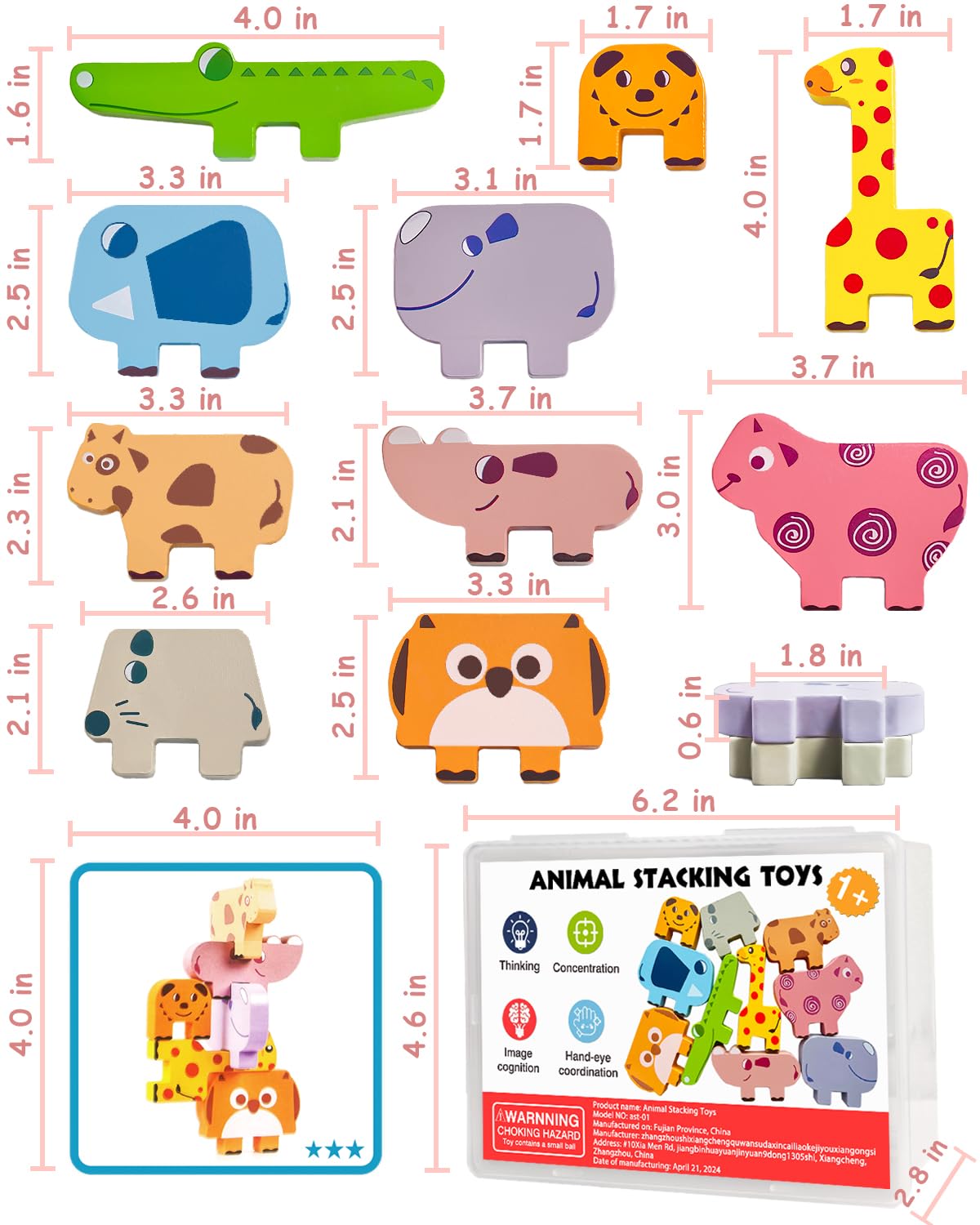 Montessori Toys 10pc Wooden Animal Blocks – Sorting & Stacking Puzzles for Toddlers Ages 1-4, Educational Birthday Gift for Boys & Girls