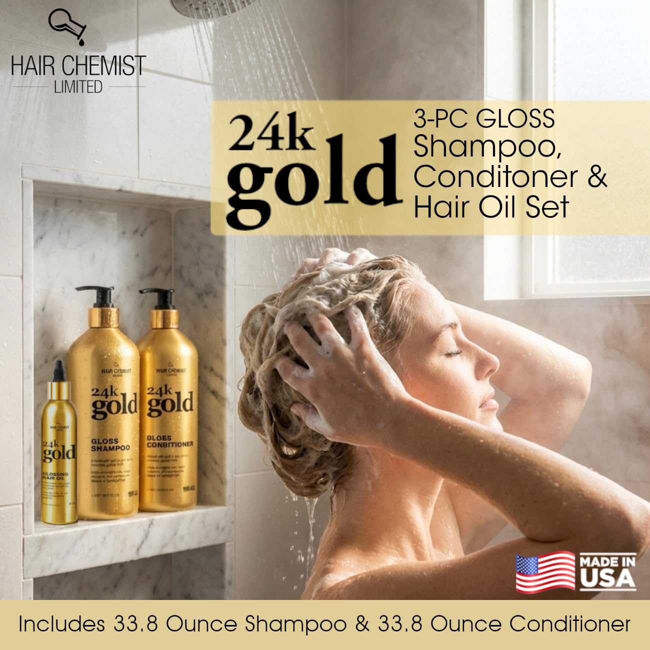Hair Chemist 24K Gold Gloss Shampoo & Conditioner 3-Piece Hair Care Set - 33.8oz Shampoo, 33.8oz Conditioner & 8 oz Hair Oil - Strengthening, for Dry