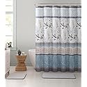 Serafina Home Hotel Quality Fabric Bathroom Shower Curtain: Farmhouse Floral Bordered Damask - Light Blue, Beige, and Grey (72 x 70 inches)