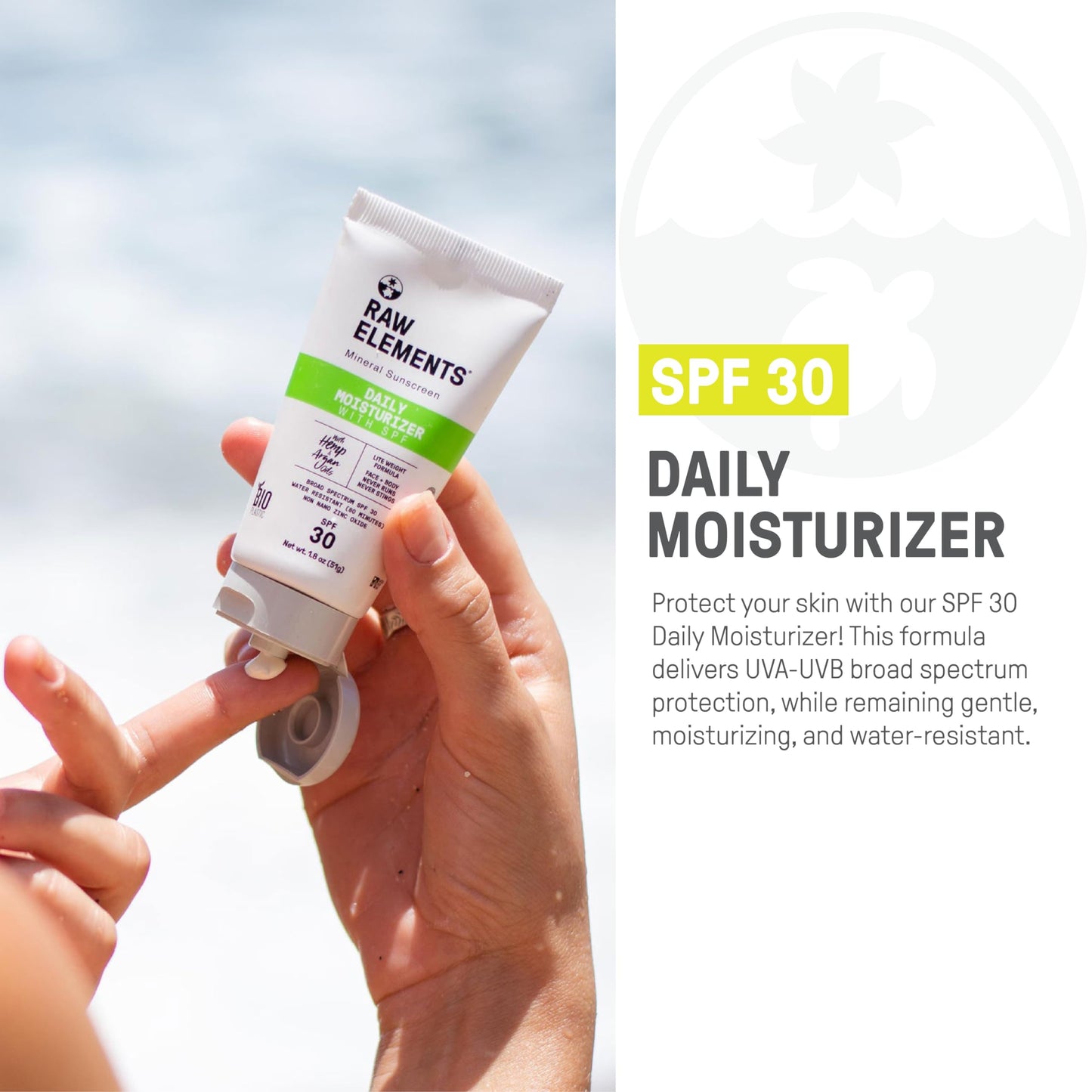 Raw Elements Daily Lifestyle Moisturizer Bio-Resin Tube - SPF 30, UVA-UVB Protection, Non-Nano Zinc, Reef-Safe, Water Resistant, 1.8 oz