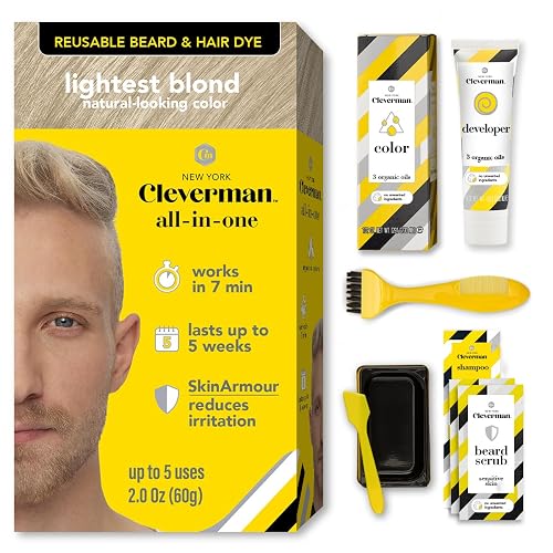 Reusable Hair & Beard Dye for Men - Lightest Blond | Up to 5 Uses, 7 Minutes | Natural Gray Coverage, No-Drip Cream with SkinArmour® - Cleverman