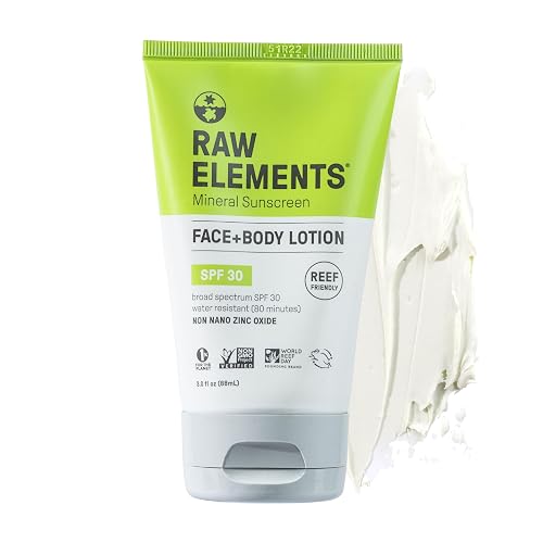 Raw Elements Face and Body Mineral Sunscreen SPF 30 Tube, Organic Sunblock Daily Protection, Non Toxic Reef Safe, Water Resistant, Cruelty Free, 3 oz
