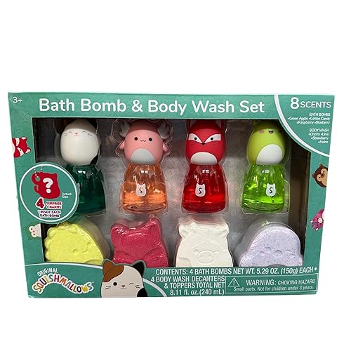 Original Squishmallows Bath Bomb & Body Wash Set, 8-Piece Set with 4 Scented Body Wash & 4 Bath Bombs, 4 Surprise Charms in Each Bath Bomb! Make Bath…
