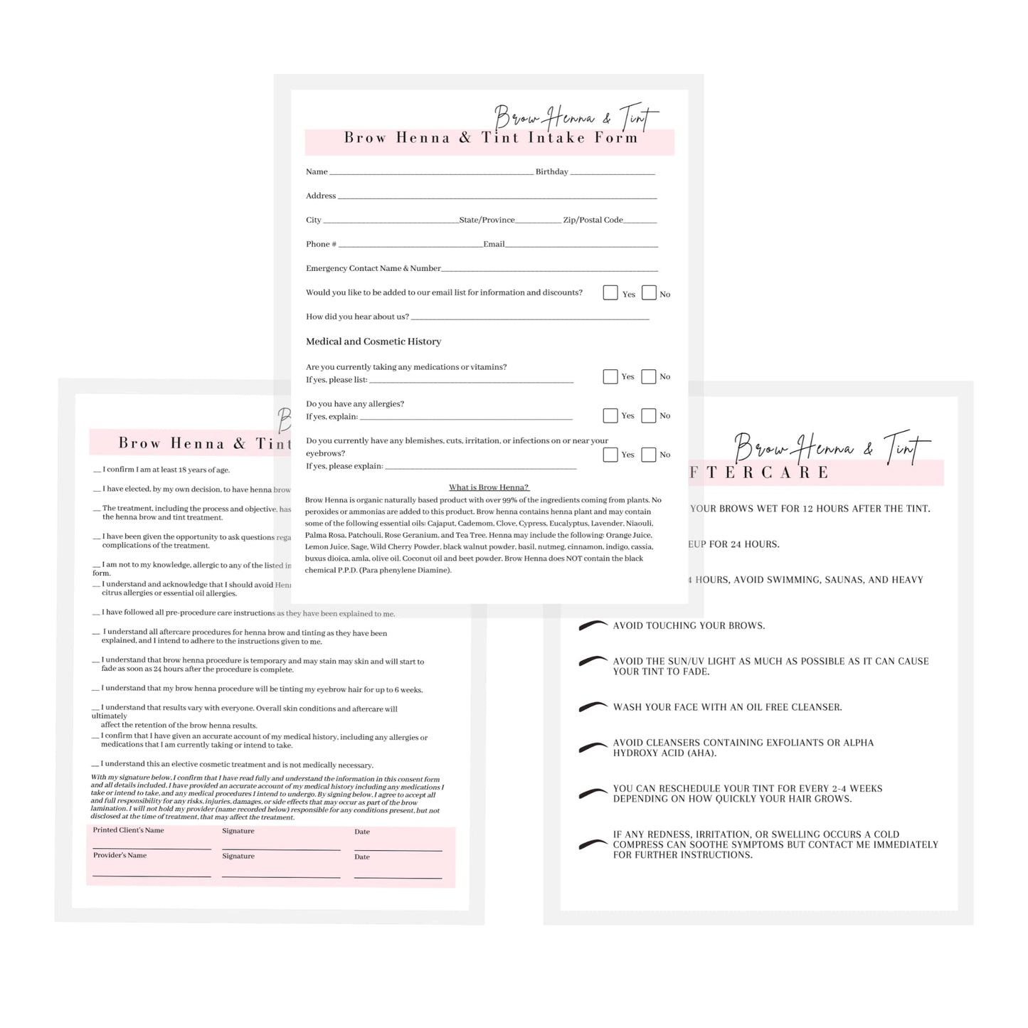 Brow Henna and Tint Intake Forms, Consent, and Aftercare Instruction Cards | 75 pk, 25 of Each | for Client Signature Medical History Information