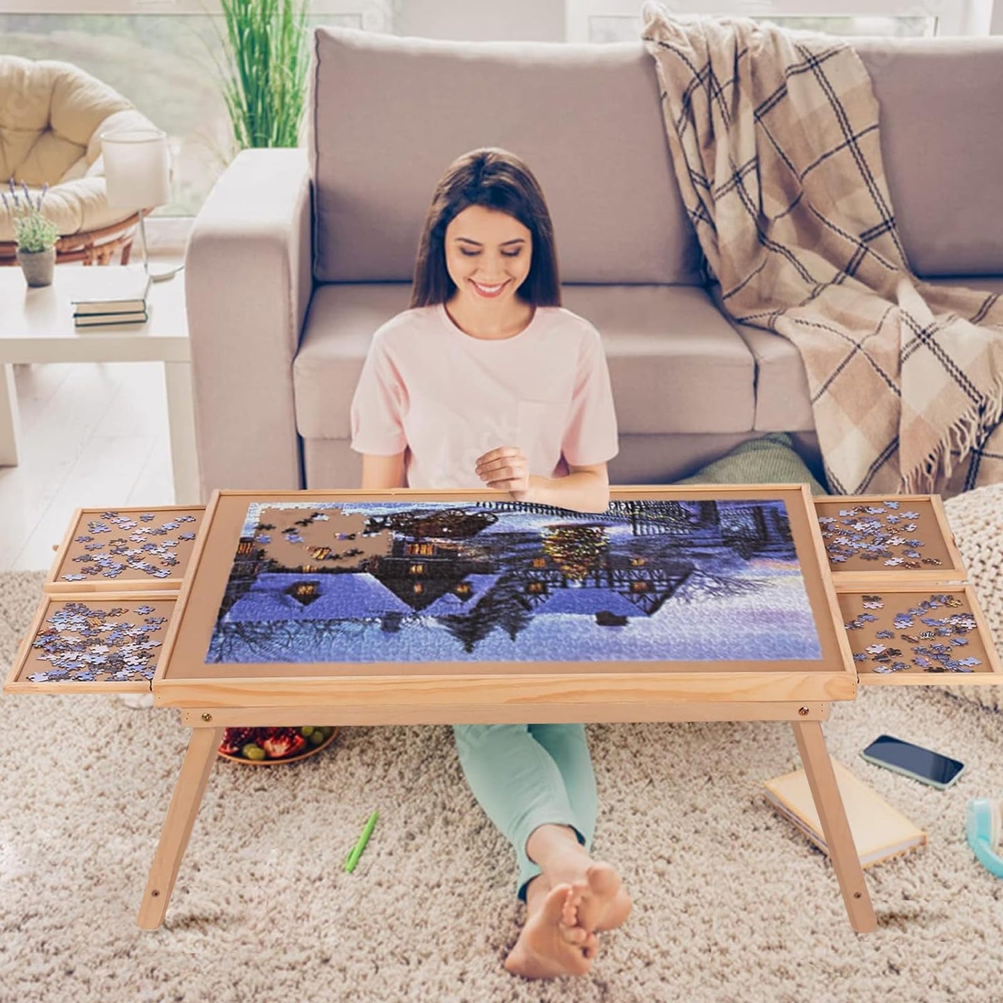 Yacona 1500 Piece Puzzle Board – 34.3"x26.5" Jigsaw Table with 4 Drawers & Cover, Portable Folding Legs, No Installation Needed
