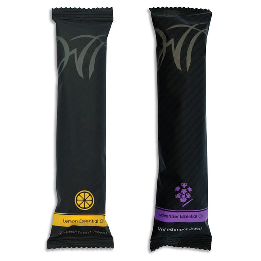 White Towel Services 8" x 8" inch Moist Cotton Towel Individually Wrapped - Lemon and Lavender (Case of 100) *