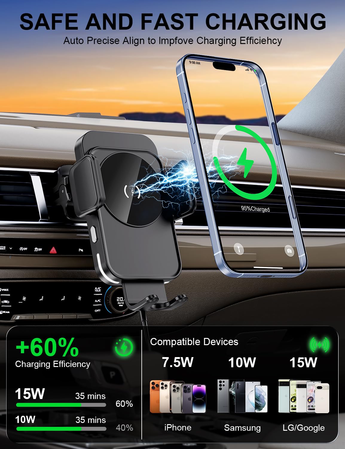 Wireless Car Charger, 15W Fast Charging [Auto Clamping] [Auto Alignment] Phone Holders for Your Car Dashboard Windshield Air Vent Car Accessories…
