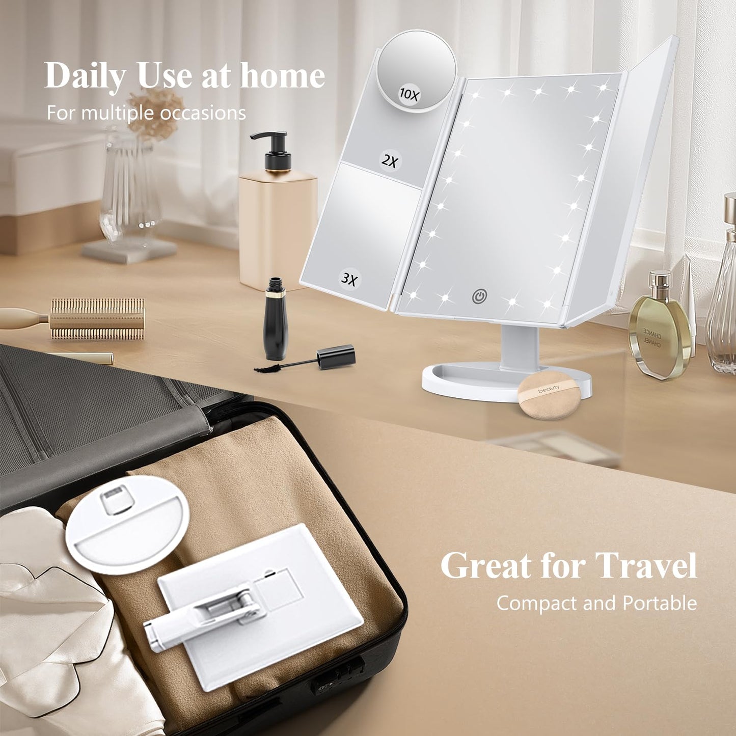 HUONUL Lighted Makeup Vanity Mirror – 2X, 3X, 10X Magnification, Touch Control, Trifold Design, White, Modern Style