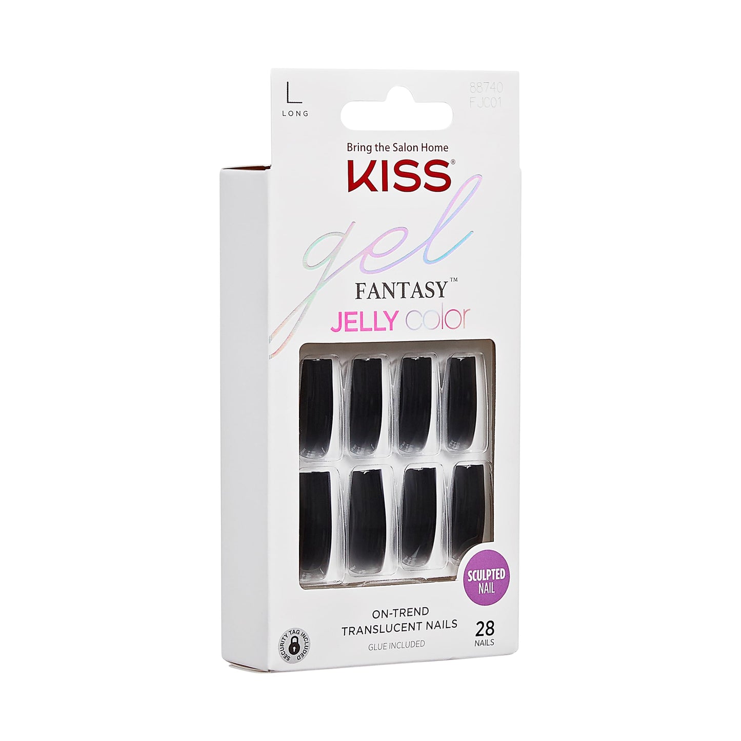 KISS Gel Fantasy Press On Nails, Nail glue included, 'Jelly Gelée', Black, Long Size, Square Shape, Includes 28 Nails, 2g glue, 1 Manicure Stick, 1