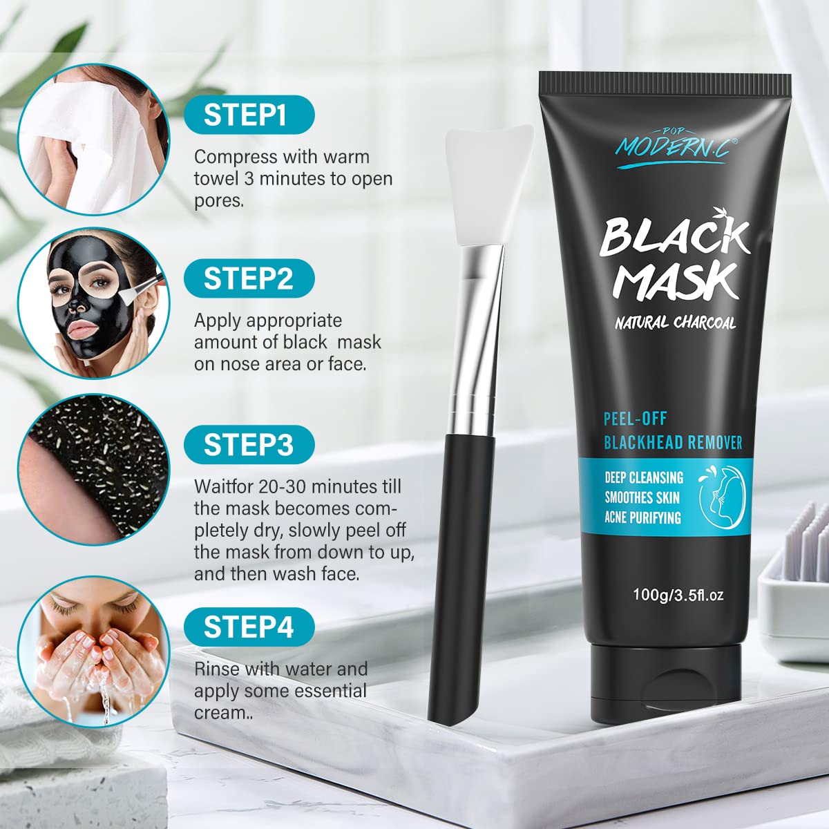 Blackhead Remover Mask Bamboo Charcoal Peel Off Mask Skin Care Face Mask 3-in-1 Kit Pimple & Deep Cleansing Black Facial Mask Shrink Pore